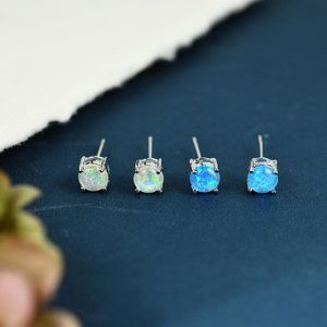 White Fire Opal Stud Earrings Minimalist Earrings Silver Plated Opal Earrings